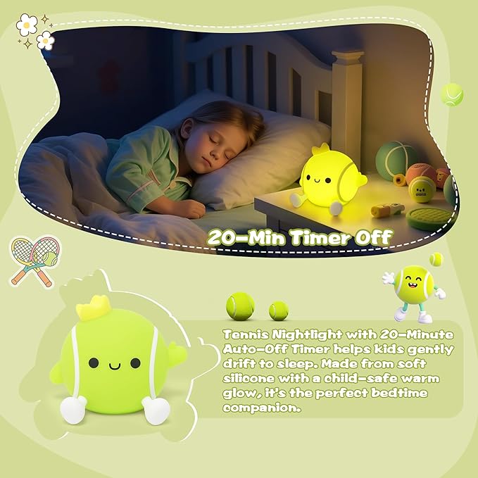 Tennis Gifts, Cute Tennis Ball Silicone Night Light, Touch Control & Timer, Suitable for Breastfeeding Reading Working Sleep for Baby Kids Teens Adults Tennis Lovers