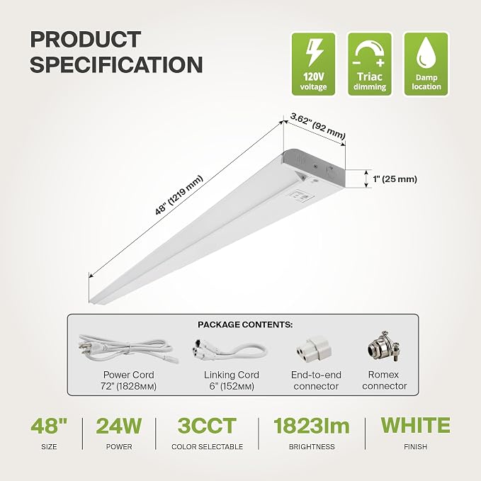 ASD Swivel LED Under Cabinet Lighting Plug in or Hardwired 48 Inch, Dimmable Under Cabinet Lights with High/Low/Off Switch, 3CCT 2700K-4000K, Linkable Under Counter Lights for Kitchen, White, ETL