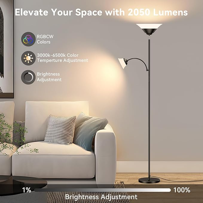 RGB Torchiere Floor Lamp, 2-in-1 Dimmable Standing Lamp with Remote & Button Control, 34W 360° Rotatable LED Reading Lamp, 72" Modern Tall Corner Lamp for Bedroom, Living Room, Office, Black