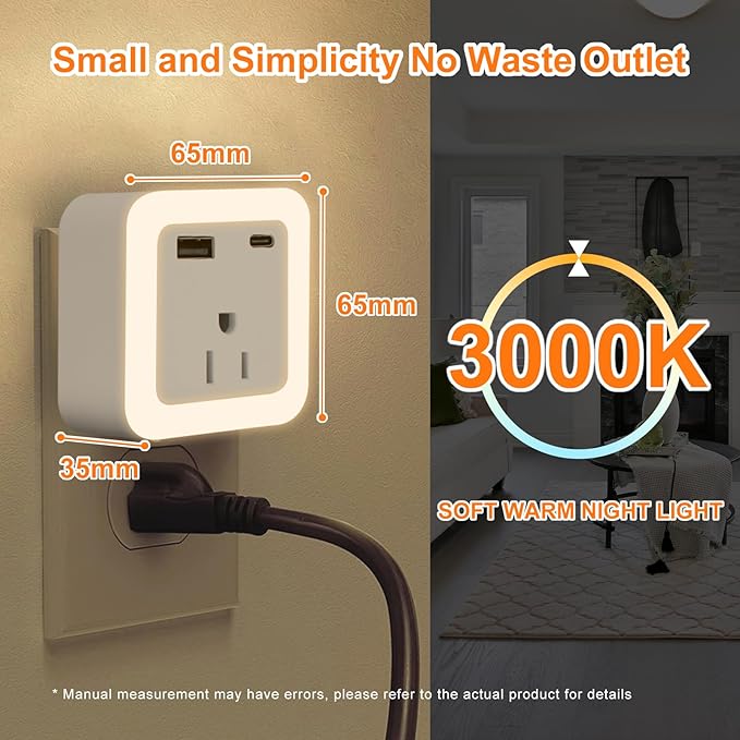 Night Lights Plug Into Wall 2 Pack Rechargeable Battery Backup Light Dusk to Dawn Sensor Night Light with Outlet Expander for Adults Kids Bedroom, Kitchen, and Bathroom (2, warm white, 3000K)