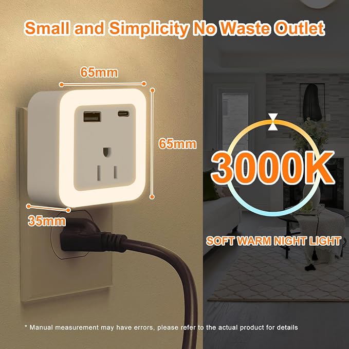 Night Lights Plug Into Wall 4 Pack Rechargeable Battery Backup Light | Dusk to Dawn Sensor Night Light with Outlet Expander for Adults Kids Bedroom, Kitchen, and Bathroom