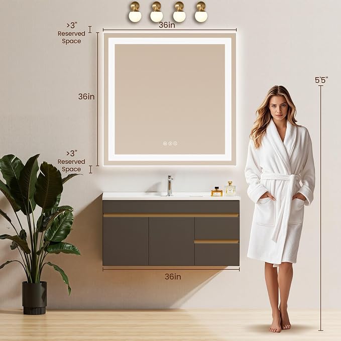 36x36 LED Bathroom Mirror with Anti-Fog, Backlit & Front Lit, Memory | Stepless Dimmable 3 Color CRI 95+ Shatterproof Tempered Glass ETL Listed for Safety Lighted Bathroom Vanity Mirror for Wall