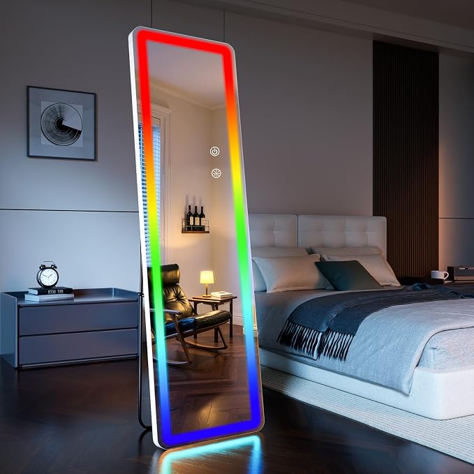 Koonmi Full Length Mirror with LED Lights, 60"x16" Lighted Mirror with Remote Control, RGB Color Changing Lights, 7 Dynamic Modes, Dimmable Brightness
