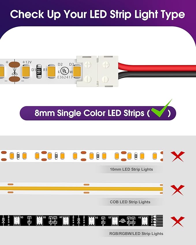 HitLights LED Light Strip Connector, 8mm Single Color 3528 - 6 Inch Any Angle Strip to Strip, 12 Pack