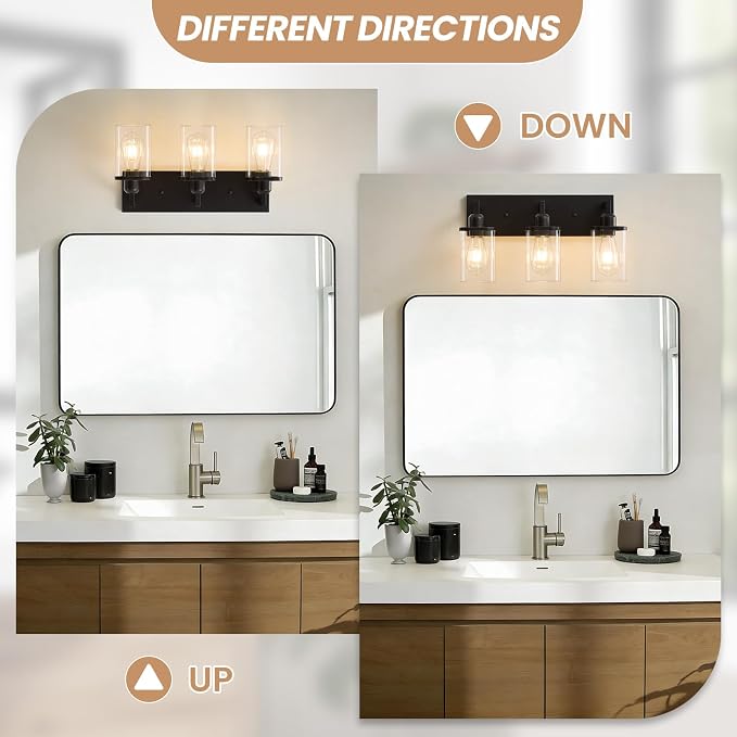 3-Light Bathroom Vanity Light Fixtures, Modern Matte Black Bathroom Lighting Fixtures Over Mirror with Square Clear Glass Shades, Bath Wall Sconce Lights for Dressing Table, Bedroom, Hallway