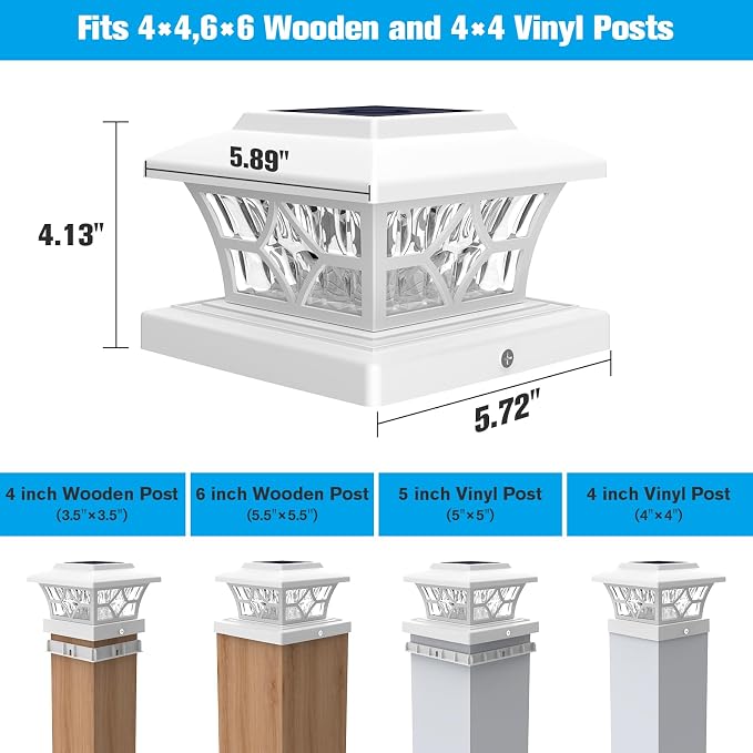 VOLISUN Solar Fence Post Cap Lights, Cool/Warm Modes Outdoor 4Pack, White | Solar powered waterproof deck lights fit 4x4 wooden & vinyl posts, ideal for garden, patio, porch landscape decoration