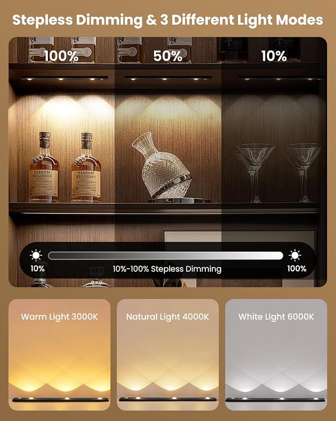 3 LED Under Cabinet Light, Under Counter Dimmable Lighting with Motion Sensor, USB Rechargeable Motion Sensor Light, Cat’s Eye Hill Corrugated Effect, for Display Cabinet, Showcase, Wine Cabinet