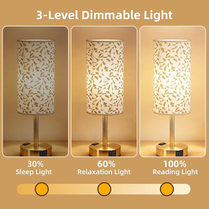 Table Lamp for Nightstand, High-Sensitivity Touch, 3-Level Dimmable Bedside Lamp with AC Outlet | USB | and USB-C, Ideal Night Stand Lamp for Bedroom, Reading, Living Room(Triangle&Gold)