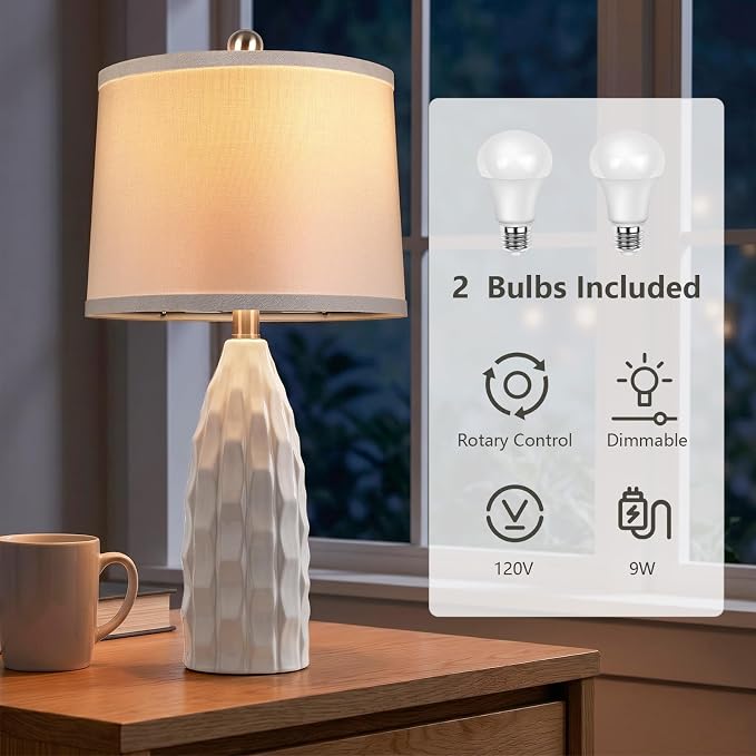 WIHTU 24" Ceramic Table Lamps Set of 2, Modern Nightstand Light, White | Linen Shade, 3 Color Temps, Farmhouse/Boho Style, Bedroom/Living Room/Office decor, Ideal Gifts, 2 Bulbs Included, E26 Base