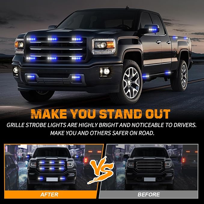 8PCS Sync Blue White Emergency Lights 32 LED Grill Strobe Lights | Front/Rear Grille Surface Mount Flashing Warning Safety Hazard Light for Vehicles Trucks, ATV, UTV, Motorcycle