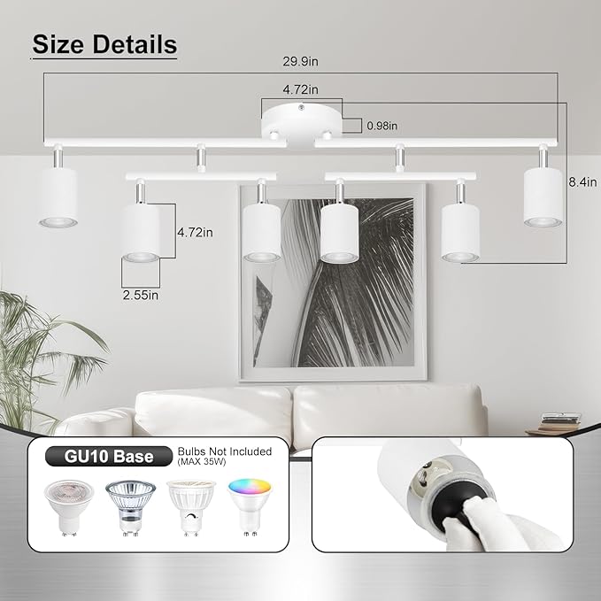 6 Light Track Lighting Fixtures Ceiling, Matte White Kichen Track Lighting Fixtures with Rotatable Light Heads, Upgrade Light Poles, Modern LED Spot Lights for Kitchen/Hallway, No GU10 Bulb