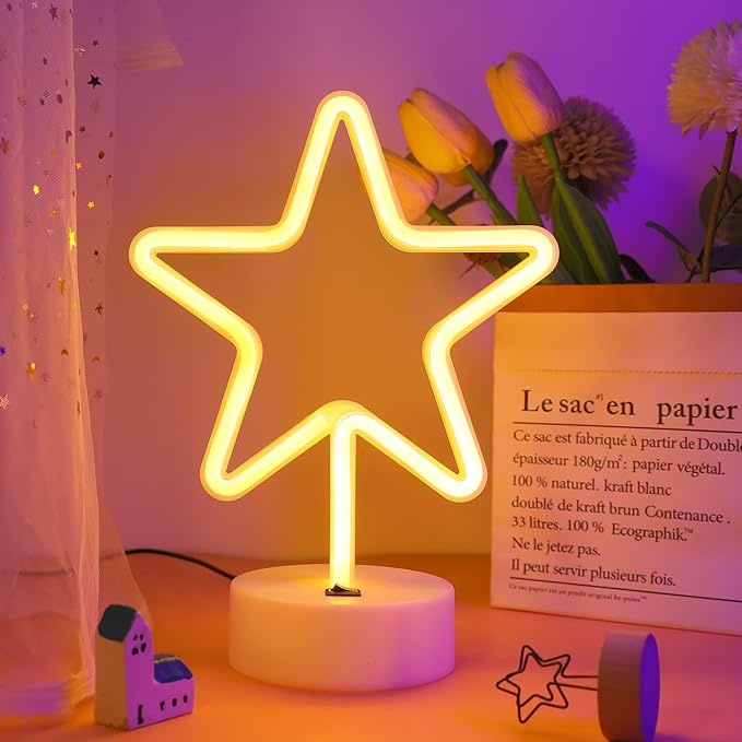 ENUOLI Warm White Star Shaped LED Neon Light Lamp with Base Battery Operated USB Powered LED Star Neon Sign Home Christmas Decoration Lights for Home Hotel Bedroom Store Decoration Night Light