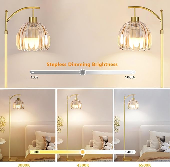 QIYIZM Glass Floor Lamp for Living Room,Bedroom,Gold Dimmable Standing Lamp with Remote,Mid Century Modern Brass Tall Lamp Boho Floor Lamps Arc Stained Flower Floor Light Lamp Girls Bohemian