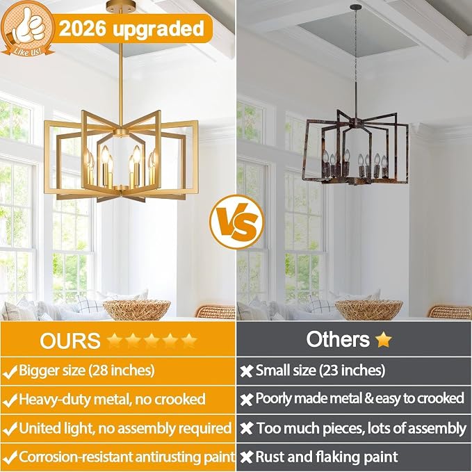 Lynnoland 25"-61" Height Adjustable Modern Gold Chandelier for Dining Room, No Assembly Required Gold Dining Room Light Fixture Over Table, Industrial Metal Pendant Lights Fixture for Kitchen Island