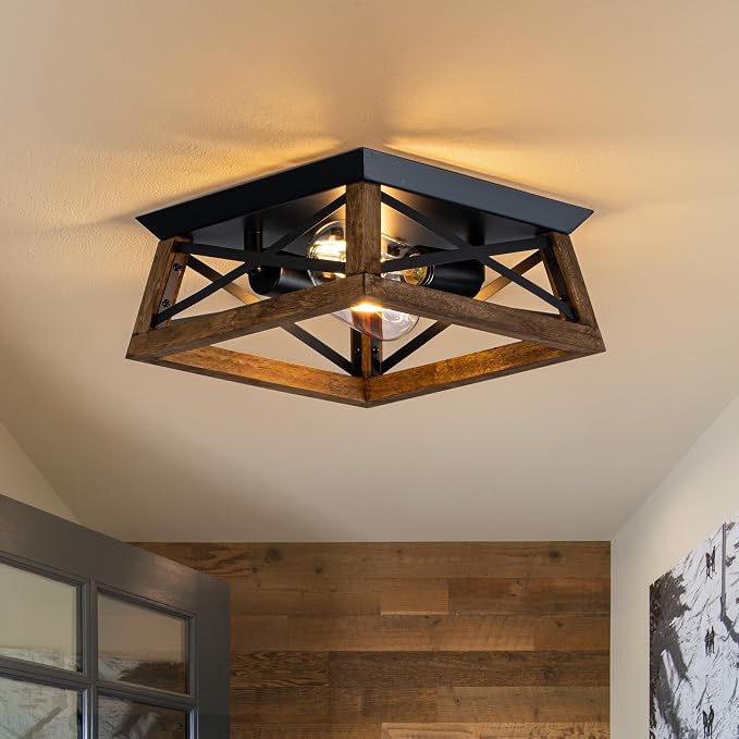 2-Light Farmhouse Light Fixture, Rustic Ceiling Light with Wood and Metal Design, Wood Ceiling Light for Kitchen, Hallway, Entryway, Cabinet, Living Room