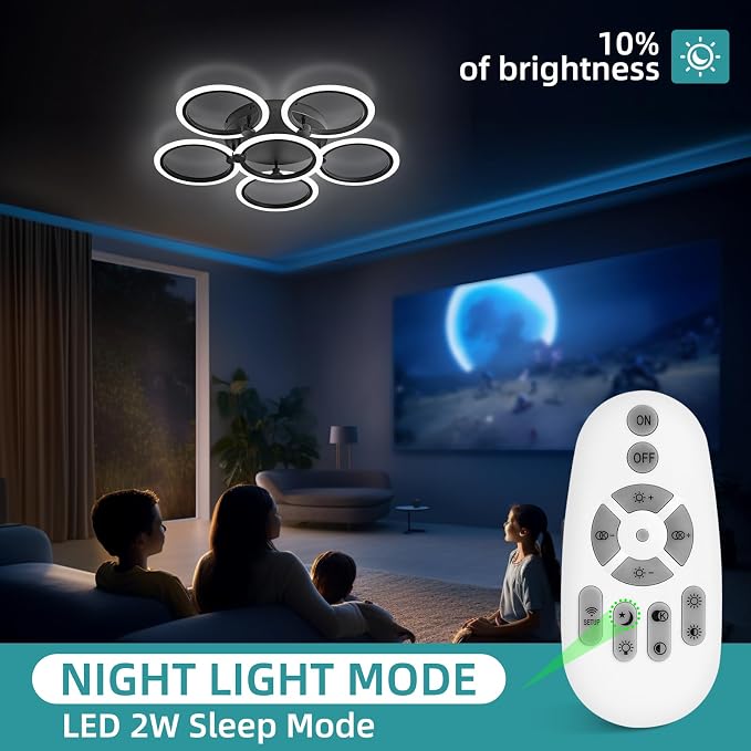 LED Ceiling Light, 6-Ring Modern Flush Mount Fixture, 77W Dimmable 3000K–6500K, Black Ceiling Light with Remote for Living Room Bedroom Kitchen (28.9")