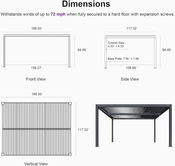PURPLE LEAF Louvered Pergola 94AS 10' x 14' w/ 1L2W Side Shade Screen Grey | Two Adjustable Roofs, Rainproof Gutters, Zero-Rust Aluminum, Plus Textilene Sunshade With UV Block, DIY-Friendly Design
