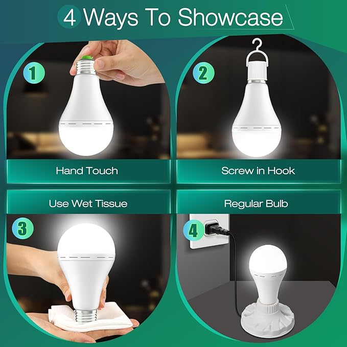 Rechargeable Light Bulbs 4 Pack Emergency Light Bulbs for Power Outage Hurricane Camping Battery Powered Light Bulb 12W E26 1500mAh Battery Light Bulb,Stay Lights Up When Power Failure