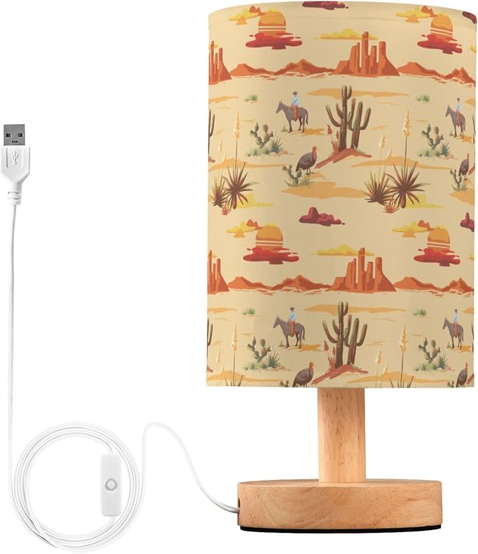 Table Lamp Vintage Desert Sunset Pattern Cactus Mountain Cowboy Horse Turkey Nightstand Lamp with Wood Base Fabric Lamp Shade Bedside Desk Lamp for Living Room Bedroom Kids Room Office
