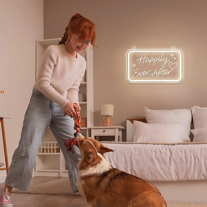 Happily Ever After LED Neon Sign Warm White Wedding LED Wall Light Letter Neon Lights Sign for Wall Decor USB Light Up Sign Neon for Home Bedroom Bar Pub Decor Valentine's Day Girls Gift Club Party