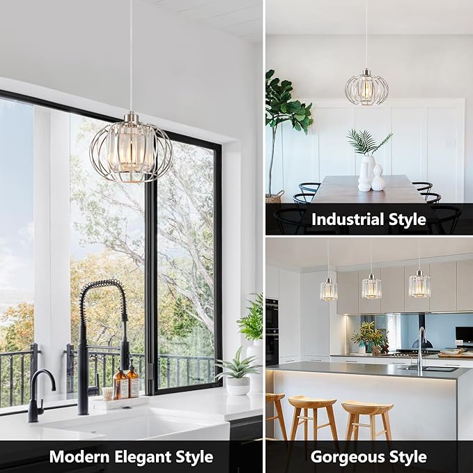Brushed Nickel Pendant Light Fixtures, Modern Crystal Hanging Ceiling Light, Farmhouse Small Chandeliers, Metal Cage Pendant Lighting, Adjustable Pendant Lights Kitchen Island, Hallway