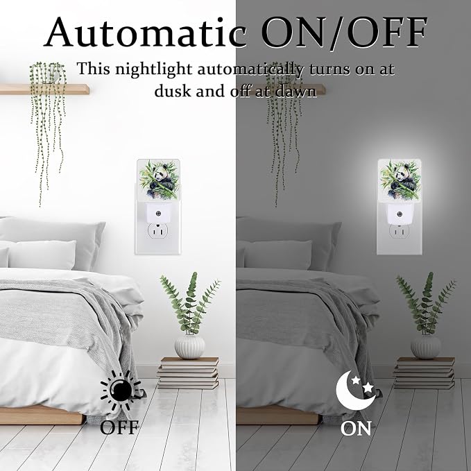 Watercolor Panda Bamboo Night Light, Plug-into Wall Cute Animal Asian Bear Nightlight Lamp with Dusk to Dawn Sensor, Led Lamp 0.5W Energy Efficient for Boys Girls Adults Home Decor