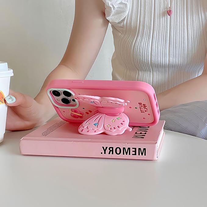Kawaii Phone Case for iPhone 12 with Kickstand 3D Cute Sweet Butterfly Silicone Protective Case Cover for Women & Girl