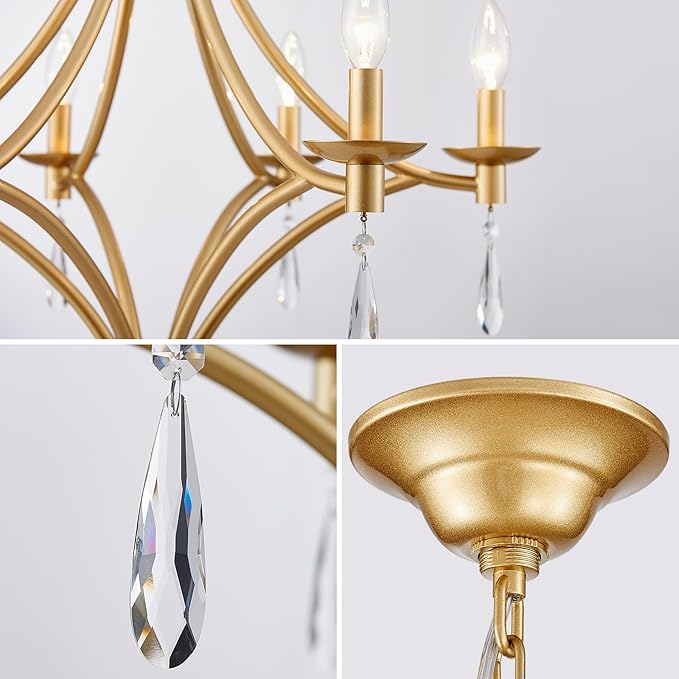 Modern Gold Crystal Chandelier, 6-Lights Farmhouse Chandeliers for Dining Room Light Fixtures Hanging Pendant Light, Modern Candle Chandelier for Bedroom Foyer Living Room Kitchen Island Entryway
