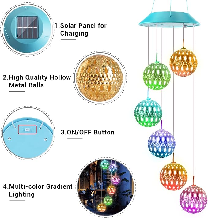 Toodour Solar Wind Chime, Color Changing Moroccan Ball Wind Chimes | LED Decorative Mobile, Gifts for Mom, Waterproof Outdoor Decorative Lights for Garden Patio Party Yard Window Outdoor Decor