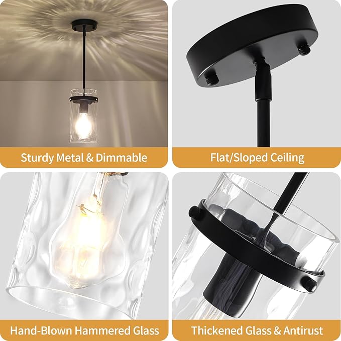 2 Pack Modern Pendant Lights Kitchen Island Black Pendant Lighting Over Island, Hand-Blown Glass Kitchen Hanging Pendant Lights Mini Chandelier for Dining Room Bedroom Hallway Bathroom Foyer Lighting