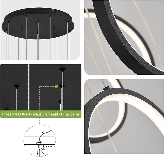 14 Ring High Ceiling Chandelier Foyer, Black Modern LED Large Staircase Long Chandeliers Light Fixture with Remote for Staircase Entryway Living Room Dining Room(118in, 3000K-6500K)