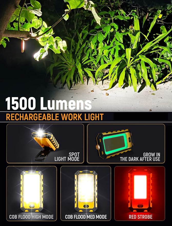 LED Rechargeable Magnetic Work Light 1500Lumens, Hanging Hook 4 Lighting Modes, Job Site Lighting for Car Repairing, Camping, Hunting, and Hurricane(Orange)