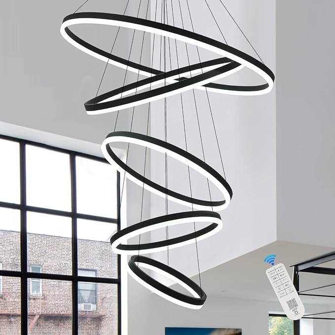 5-Rings Modern LED Chandelier Black Dimmable High Ceiling Chandelier for Dining Room with Remote Control for Foyer Living Room Entryway Staircase(D31.5’’, 3000K-6500K)