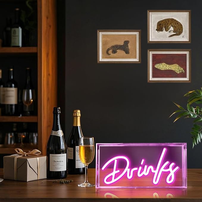 Drinks Neon Sign, Drinks Signs USB LED Desk Lightbox with ON/OFF Switch, Light Up Sign for Table Decor, Home Bar, Kitchen, Club, Pub, Restaurant Wall Decor & Bar Cart Accessories (Pink)