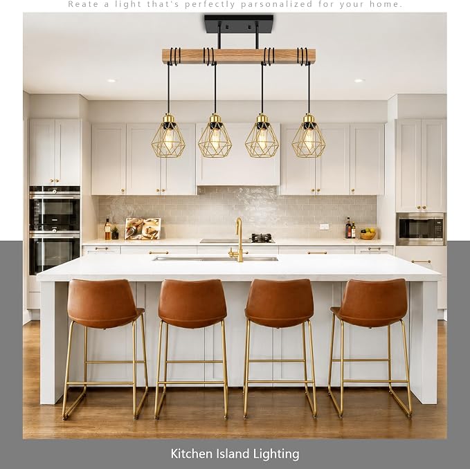 4-Lights Island Lights for Kitchen, Black and Gold Pendant Light Fixtures, Farmhouse Dining Room Light Fixtures Over Table with Metal Shade, Pendant Lighting for Kitchen Island, Living Room