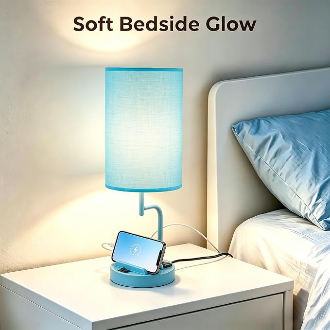 Dreamholder 2 Pack Table Lamp, Bedside Lamp with 3 USB Charging Ports & AC Outlet, USB Desk Lamp with 2 Phone Holders, Linen Fabric Shade Nightstand Lamps for Bedroom Living Room Office, Lake Blue