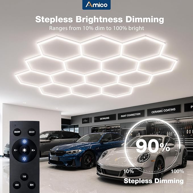 Amico Hexagon Garage Lights Dimmable & Tunable, 14 Hex Grid, Remote & Timer | 10-100% Stepless Dimming, 3500K-6500K Adjustable, 456W 54000LM Honeycomb LED Ceiling Lights for Garage Workshop Car Detailing