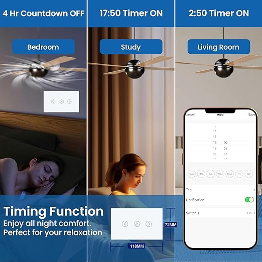 Smart Fan Switch Single Gang 2.4GHz Wi-Fi Touch Switch, Neutral Wire Required,Work with Smart Life/Tuya App and Alexa,Tempered Glass Panel,White