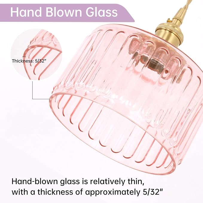 Shenmoyl Pendant Light with Pink Striped Glass Lmapshade, Brass Vintage Pendant Light Adjustable Hanging Light for Kitchen Island Dining Room Hallway