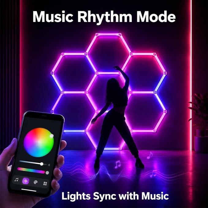 RGB Hexagon LED Garage Lights, 7 Hexagons 31 Tubes, App & Remote Control Color Changing Honeycomb Wall Ceiling Lights for Garage, Gaming Room, Gym, Car Detailing Shop