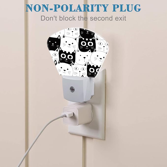 Cute Black and White Cat Night Light for Kids, Doodle Cat LED Night Light Plug into Wall with Dusk to Dawn Sensor for Girls Boys Women Men Room, Hallway, Kitchen, Bathroom, Stairs Decor