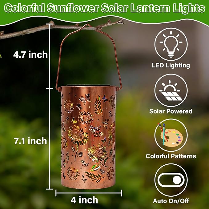 Colorful Solar Lanterns Outdoor Waterproof, Garden Decor Gifts for Women Mom Grandma - LED Colorful Sunflower Solar Powered Lights Metal Hanging Lantern for Outside Garden Patio Yard Lawn Porch Decor