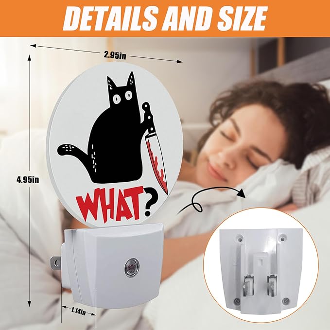 Funny Black Cat and Knife What Night Light,Nightlight Plug into Wall LED Lamp Auto Sensor Dusk to Dawn for Bedrooms/Kitchens/Toilets/Corridors,Energy-Saving