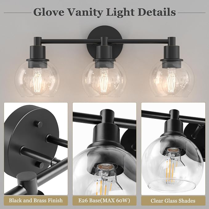 3 Lights Bathroom Vanity Light Fixtures Black, Bathroom Lights Over Mirror, Industrial and Farmhouse 3 Lights Wall Sconce, Matte Black Globe Vanity Lighting Fixtures