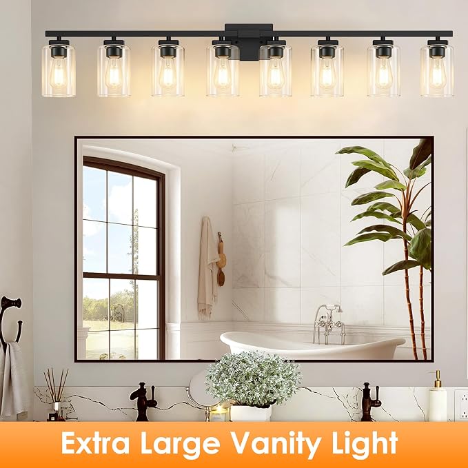 51” Bathroom Light Fixtures Over Mirror,8-Light Black Vanity Light | Large Size, Square Clear Glass & Durable Metal, Quick & Easy Installation, Standard E26 Socket, Bright Bathroom Lighting