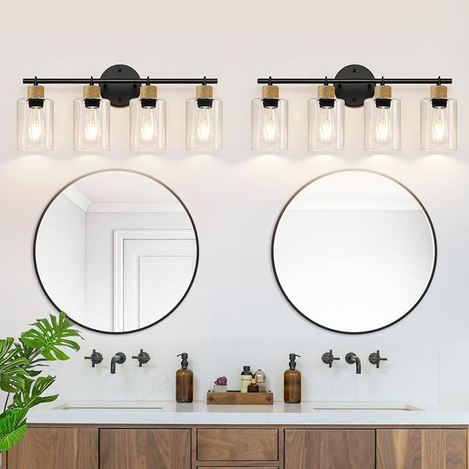 MOKATNG Bathroom Light Fixtures, 4-Light Farmhouse Vanity Lights with Hemp Rope, Black Bathroom Wall Lamp for Mirror Kitchen Hallway Cabinet
