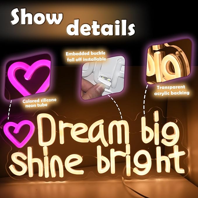 Dream big Shine bright neon sign, suitable for classroom wall decoration, back-to-school season, graduation season, student gifts. Dimmable, USB powered, pink heart-shaped inspirational neon light.