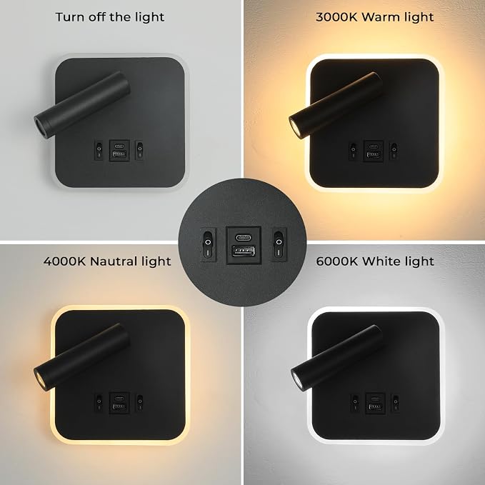 LED Wall Sconce Plug in With Wall Mounted Reading Lights,Modern Black Wall Lamp for Bedroom With Charging Station USB C+A Ports,Headboard Bedside Lamp for Living Room With 3W+9W Night Light