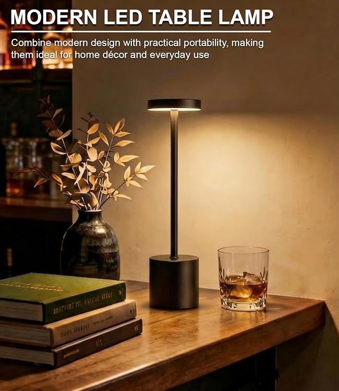 Cordless Table Lamp Set of 2, Rechargeable 5000mAh Battery Operated Outdoor Table Lamps, Portable LED Desk Lamp, 3 Color Dimmable Table Light for Restaurant, Patio, Bedroom, Bedside Night Lamp(Black)