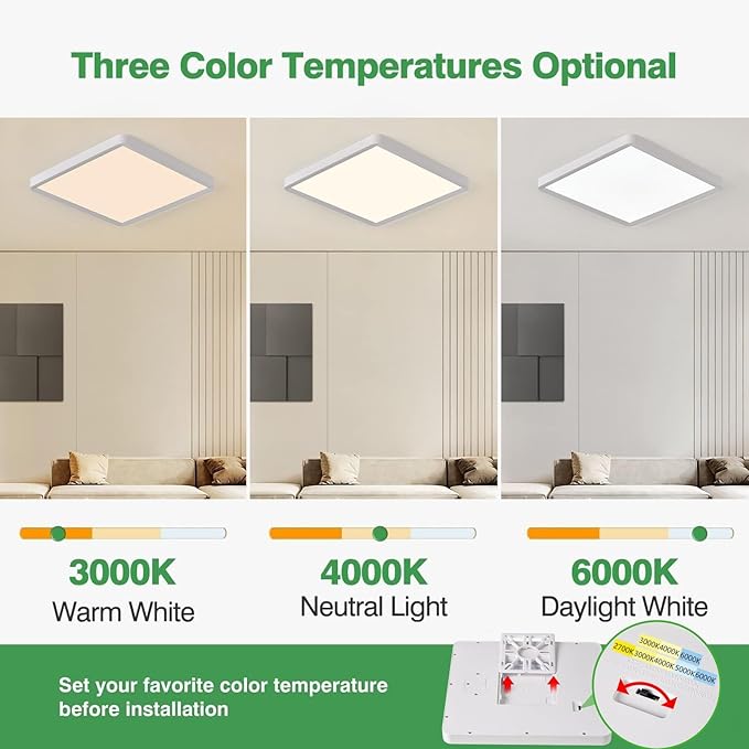 16 Inch Square LED Flush Mount Ceiling Light, 36W 3600LM, 3000K/4000K/6000K CCT Selectable,White Super Slim Low Profile Ceiling Light Firxtue for Bedroom/Kitchen/Living room/Dinning room/Hallway